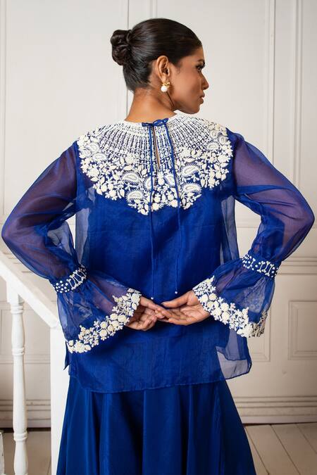 Buy Oshi By Shikha Blue Organza, Satin, Silk Pearls, Embroidery Round Floral Top And Draped Pant Set Buy_Oshi By Shikha_Blue Organza, Satin, Silk Pearls, Embroidery Round Floral Top And Draped Pant Set