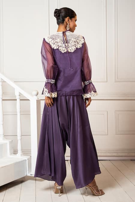 Oshi By Shikha Floral Embroidered Top & Draped Pant Set 
