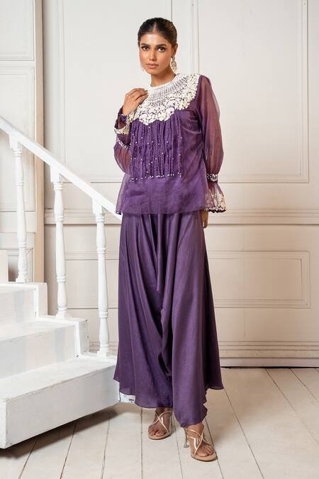 Buy_Oshi By Shikha_Purple Organza, Silk Pearls Round Neck Floral Embroidered Top And Draped Pant Set _Online_at_Aza_Fashions