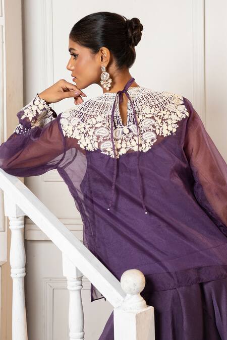 Shop_Oshi By Shikha_Purple Organza, Silk Pearls Round Neck Floral Embroidered Top And Draped Pant Set _Online_at_Aza_Fashions