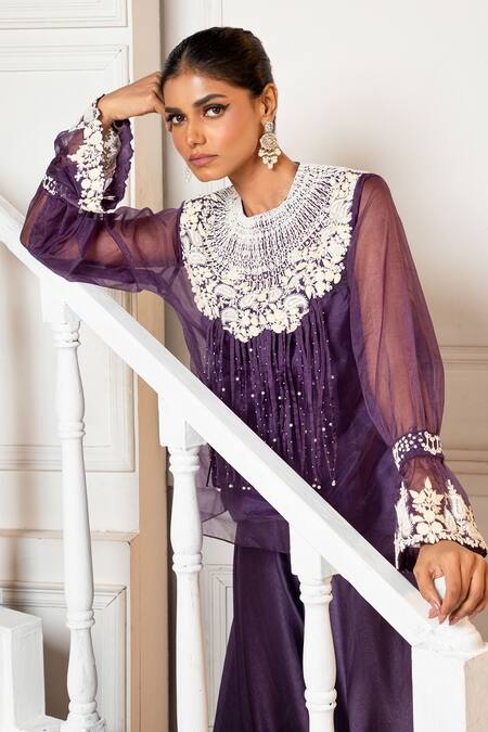 Oshi By Shikha_Purple Organza, Silk Pearls Round Neck Floral Embroidered Top And Draped Pant Set _at_Aza_Fashions