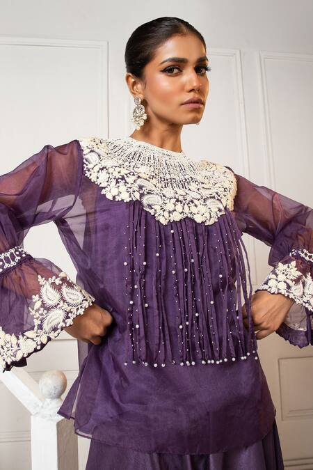 Buy_Oshi By Shikha_Purple Organza, Silk Pearls Round Neck Floral Embroidered Top And Draped Pant Set 