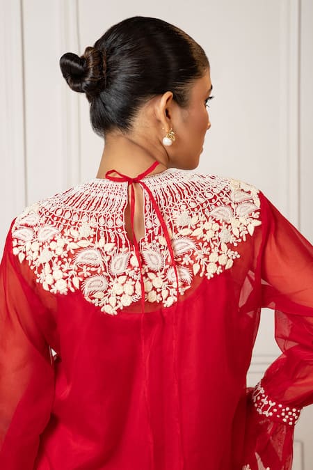 Shop_Oshi By Shikha_Red Organza, Satin, Silk Pearls, Embroidery Floral Tasselled Top And Draped Pant _Online_at_Aza_Fashions