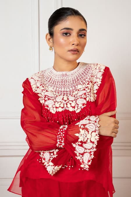 Oshi By Shikha_Red Organza, Satin, Silk Pearls, Embroidery Floral Tasselled Top And Draped Pant _at_Aza_Fashions