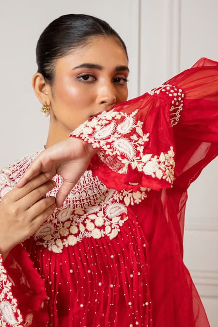 Buy_Oshi By Shikha_Red Organza, Satin, Silk Pearls, Embroidery Floral Tasselled Top And Draped Pant 