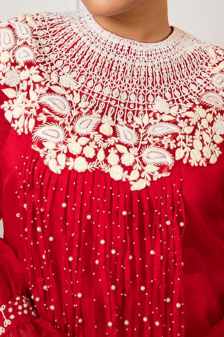 Shop_Oshi By Shikha_Red Organza, Satin, Silk Pearls, Embroidery Floral Tasselled Top And Draped Pant 