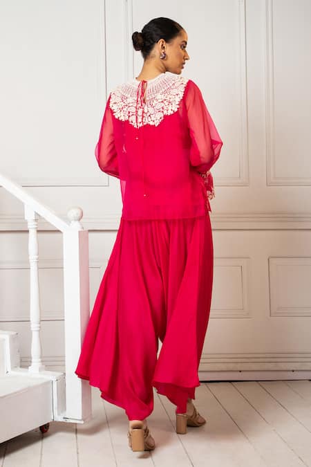 Oshi By Shikha Floral Embroidered Top & Draped Pant Set 