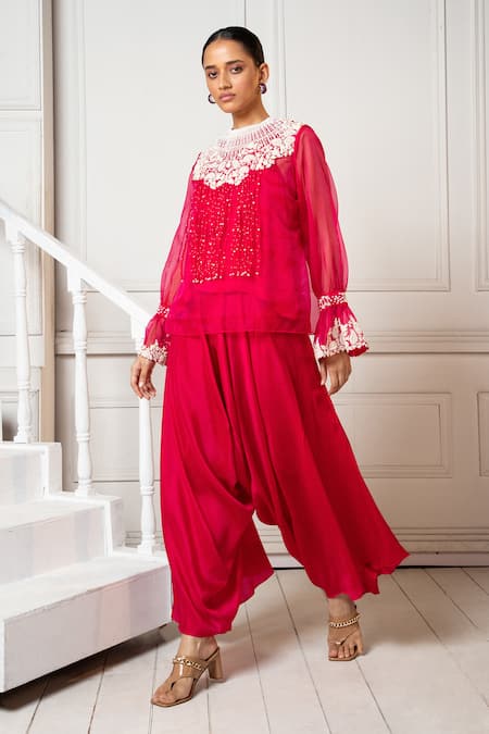 Buy Oshi By Shikha Fuchsia Organza, Silk Embroidery, Pearls Round Floral Top And Draped Pant Set Online at Aza Fashions Buy_Oshi By Shikha_Fuchsia Organza, Silk Embroidery, Pearls Round Floral Top And Draped Pant Set _Online_at_Aza_Fashions