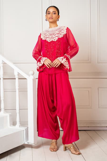 Shop Oshi By Shikha Fuchsia Organza, Silk Embroidery, Pearls Round Floral Top And Draped Pant Set Online at Aza Fashions Shop_Oshi By Shikha_Fuchsia Organza, Silk Embroidery, Pearls Round Floral Top And Draped Pant Set _Online_at_Aza_Fashions