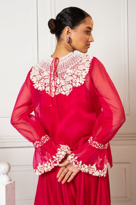 Oshi By Shikha Fuchsia Organza, Silk Embroidery, Pearls Round Floral Top And Draped Pant Set at Aza Fashions Oshi By Shikha_Fuchsia Organza, Silk Embroidery, Pearls Round Floral Top And Draped Pant Set _at_Aza_Fashions