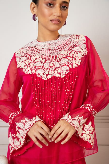 Buy Oshi By Shikha Fuchsia Organza, Silk Embroidery, Pearls Round Floral Top And Draped Pant Set Buy_Oshi By Shikha_Fuchsia Organza, Silk Embroidery, Pearls Round Floral Top And Draped Pant Set
