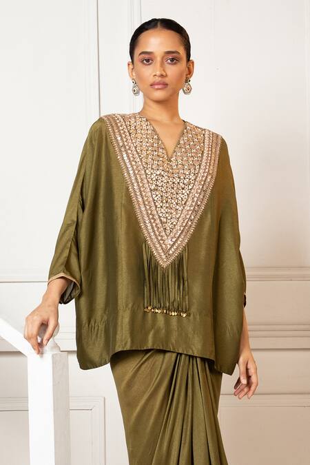 Buy Oshi By Shikha Green Silk Gota Patti, Sequins V-neck Embroidered Pheran Tunic And Dhoti Online at Aza Fashions Buy_Oshi By Shikha_Green Silk Gota Patti, Sequins V-neck Embroidered Pheran Tunic And Dhoti _Online_at_Aza_Fashions