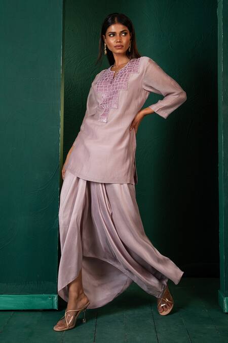 Oshi By Shikha_Purple Chanderi, Silk Sequins, Cut Work Split Embroidered Kurta And Dhoti Set _at_Aza_Fashions
