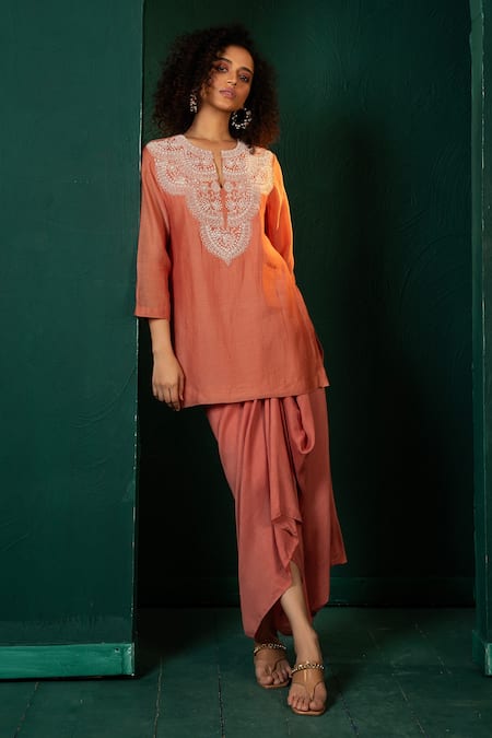 Oshi By Shikha Pearl Embroidered Yoke Kurta & Draped Skirt Set 