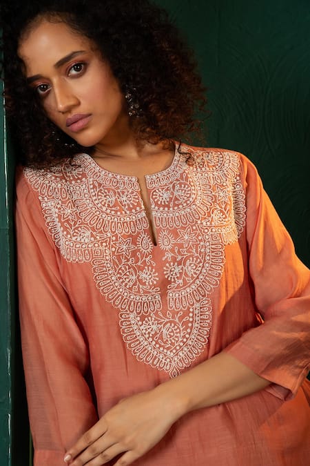 Shop_Oshi By Shikha_Pink Chanderi, Silk Pearls Round Neck Embroidered Kurta And Draped Skirt Set _Online_at_Aza_Fashions