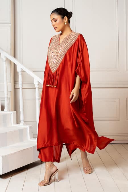 Buy_Oshi By Shikha_Orange Silk Tassels V-neck Embroidered Yoke Kaftan And Pant Set _Online_at_Aza_Fashions