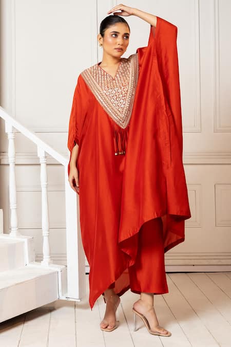 Shop_Oshi By Shikha_Orange Silk Tassels V-neck Embroidered Yoke Kaftan And Pant Set _Online_at_Aza_Fashions