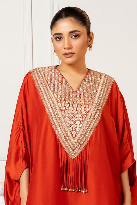 Oshi By Shikha_Orange Silk Tassels V-neck Embroidered Yoke Kaftan And Pant Set _at_Aza_Fashions