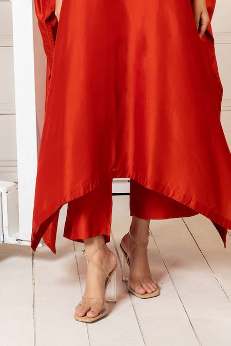 Buy_Oshi By Shikha_Orange Silk Tassels V-neck Embroidered Yoke Kaftan And Pant Set 