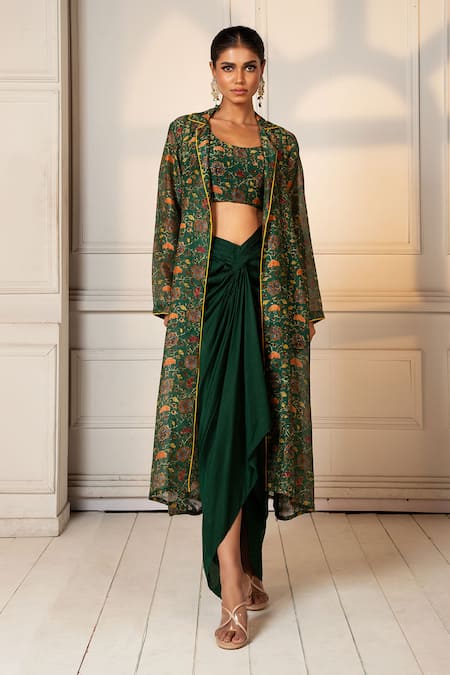 Oshi By Shikha Printed Jacket Draped Skirt Set 