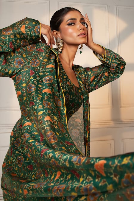 Oshi By Shikha Floral Printed Jacket & Draped Skirt Set 