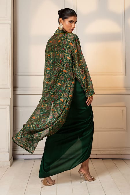 Buy_Oshi By Shikha_Green Chanderi, Silk Embroidery Round Floral Printed Jacket And Draped Skirt Set 