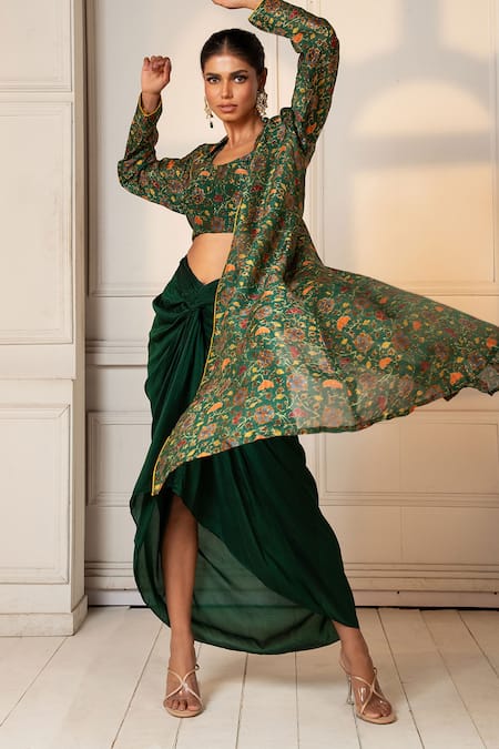 Shop_Oshi By Shikha_Green Chanderi, Silk Embroidery Round Floral Printed Jacket And Draped Skirt Set 