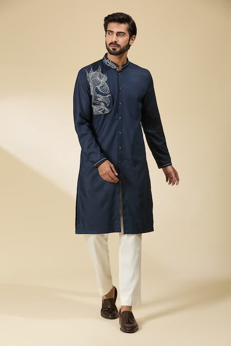 Ankita Shahabadi_Blue Cotton Satin Cut Work Navy Abstract Placement Embroidered Kurta _Online_at_Aza_Fashions