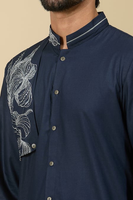 Buy_Ankita Shahabadi_Blue Cotton Satin Cut Work Navy Abstract Placement Embroidered Kurta _Online_at_Aza_Fashions