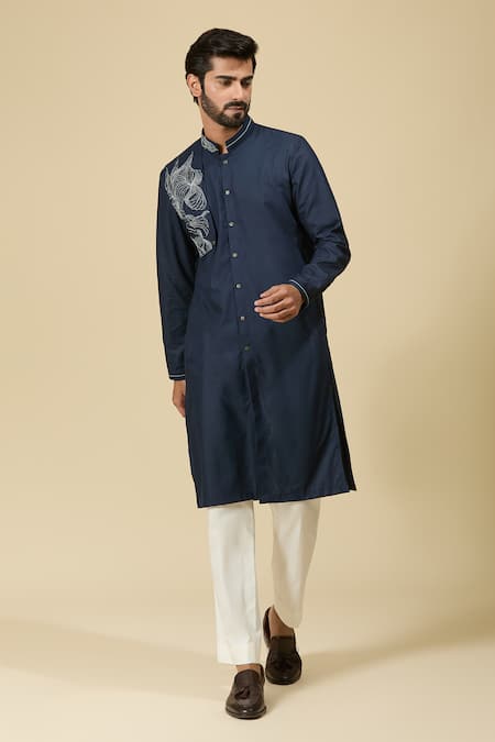 Shop_Ankita Shahabadi_Blue Cotton Satin Cut Work Navy Abstract Placement Embroidered Kurta _Online_at_Aza_Fashions