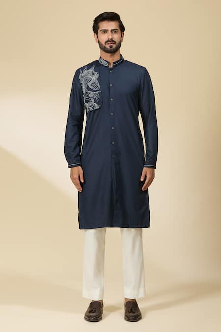 Ankita Shahabadi_Blue Cotton Satin Cut Work Navy Abstract Placement Embroidered Kurta _at_Aza_Fashions