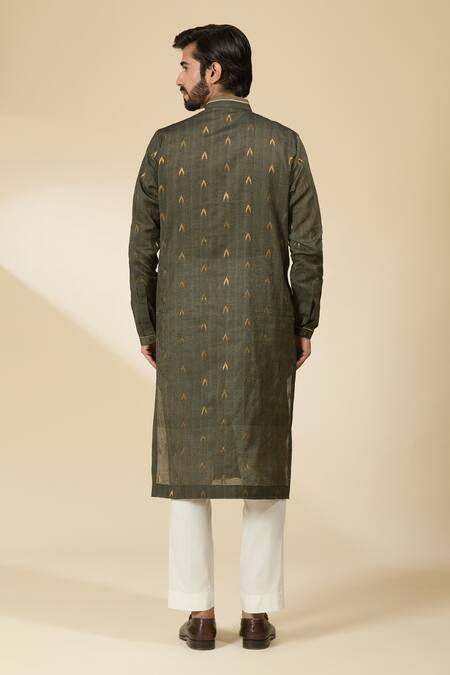 Shop_Ankita Shahabadi_Green Silk Ikat Woven Kurta _at_Aza_Fashions