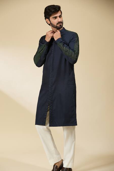 Ankita Shahabadi_Blue Cotton Satin Cut Work Cutdana Placket Embroidered Kurta _Online_at_Aza_Fashions