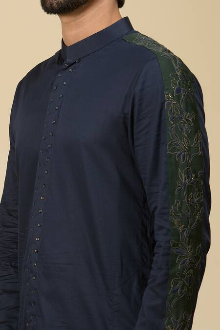 Buy_Ankita Shahabadi_Blue Cotton Satin Cut Work Cutdana Placket Embroidered Kurta _Online_at_Aza_Fashions