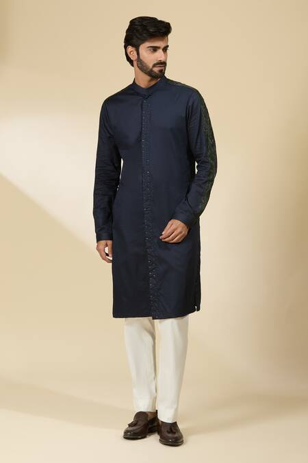 Shop_Ankita Shahabadi_Blue Cotton Satin Cut Work Cutdana Placket Embroidered Kurta _Online_at_Aza_Fashions