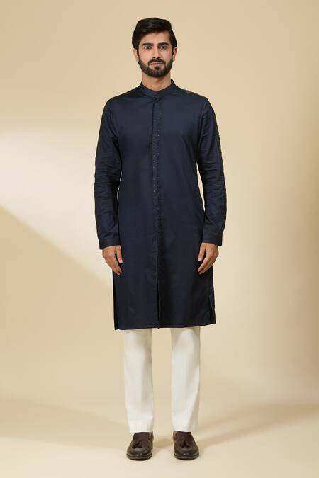 Ankita Shahabadi_Blue Cotton Satin Cut Work Cutdana Placket Embroidered Kurta _at_Aza_Fashions
