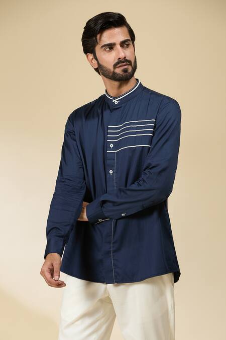Ankita Shahabadi_Blue Cotton Satin Embroidery Navy Stripe Placement Shirt _Online_at_Aza_Fashions