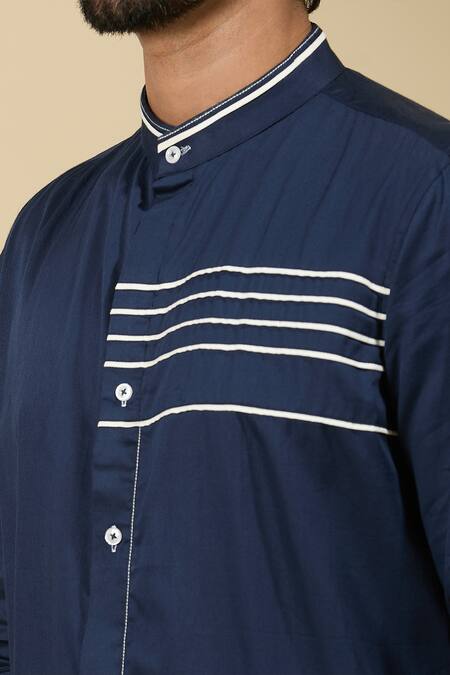 Buy_Ankita Shahabadi_Blue Cotton Satin Embroidery Navy Stripe Placement Shirt _Online_at_Aza_Fashions