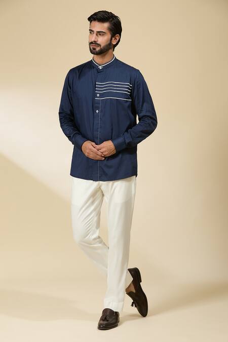 Shop_Ankita Shahabadi_Blue Cotton Satin Embroidery Navy Stripe Placement Shirt _Online_at_Aza_Fashions