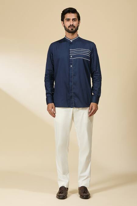 Ankita Shahabadi_Blue Cotton Satin Embroidery Navy Stripe Placement Shirt _at_Aza_Fashions