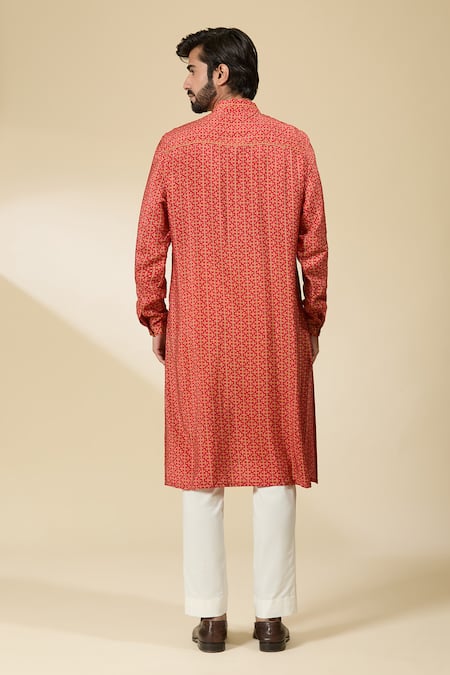 Shop_Ankita Shahabadi_Red Muslin, Silk Embroidery Geometric Print Kurta _at_Aza_Fashions
