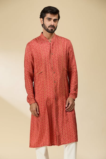 Ankita Shahabadi_Red Muslin, Silk Embroidery Geometric Print Kurta _Online_at_Aza_Fashions