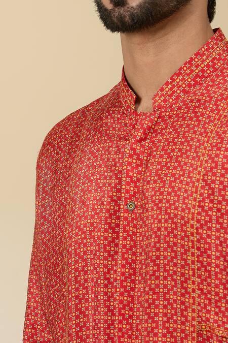 Buy_Ankita Shahabadi_Red Muslin, Silk Embroidery Geometric Print Kurta _Online_at_Aza_Fashions