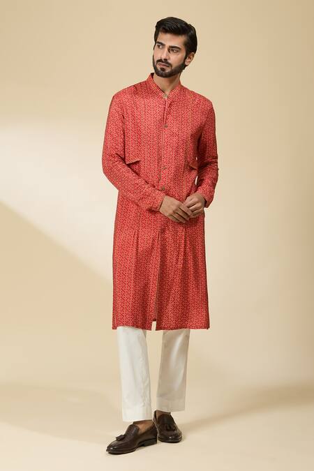 Ankita Shahabadi_Red Muslin, Silk Embroidery Geometric Print Kurta _at_Aza_Fashions