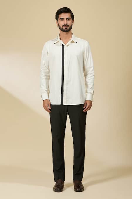 Ankita Shahabadi_White Cotton Satin Patchwork Embroidered Shirt _at_Aza_Fashions
