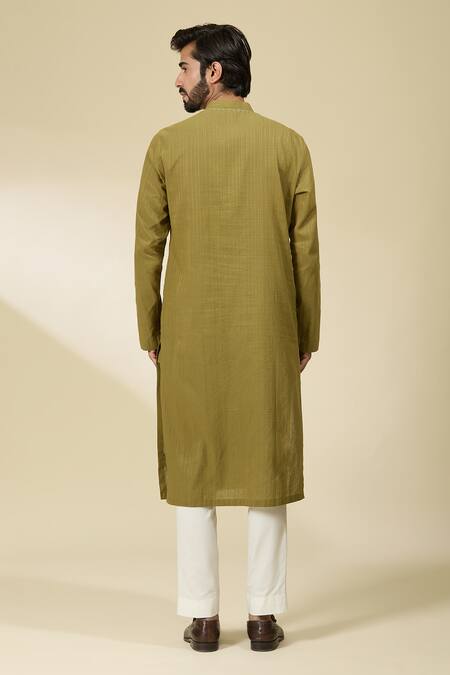 Shop_Ankita Shahabadi_Green Linen Embroidery Resham Kurta _at_Aza_Fashions