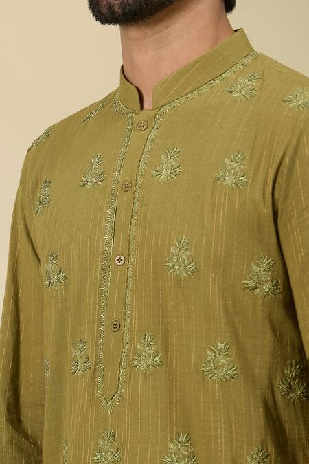 Ankita Shahabadi_Green Linen Embroidery Resham Kurta _Online_at_Aza_Fashions
