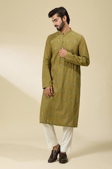 Buy_Ankita Shahabadi_Green Linen Embroidery Resham Kurta _Online_at_Aza_Fashions