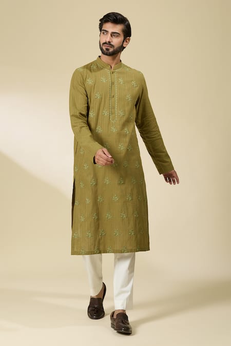 Shop_Ankita Shahabadi_Green Linen Embroidery Resham Kurta _Online_at_Aza_Fashions