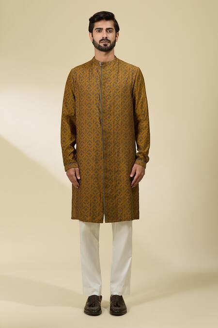 Shop_Ankita Shahabadi_Yellow Muslin, Silk Zig Zag Print Kurta _Online_at_Aza_Fashions